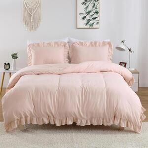 NWT CAROMIO Pink Vintage Ruffled Duvet Cover & Pillow Sham, TWIN, 68" x 90"